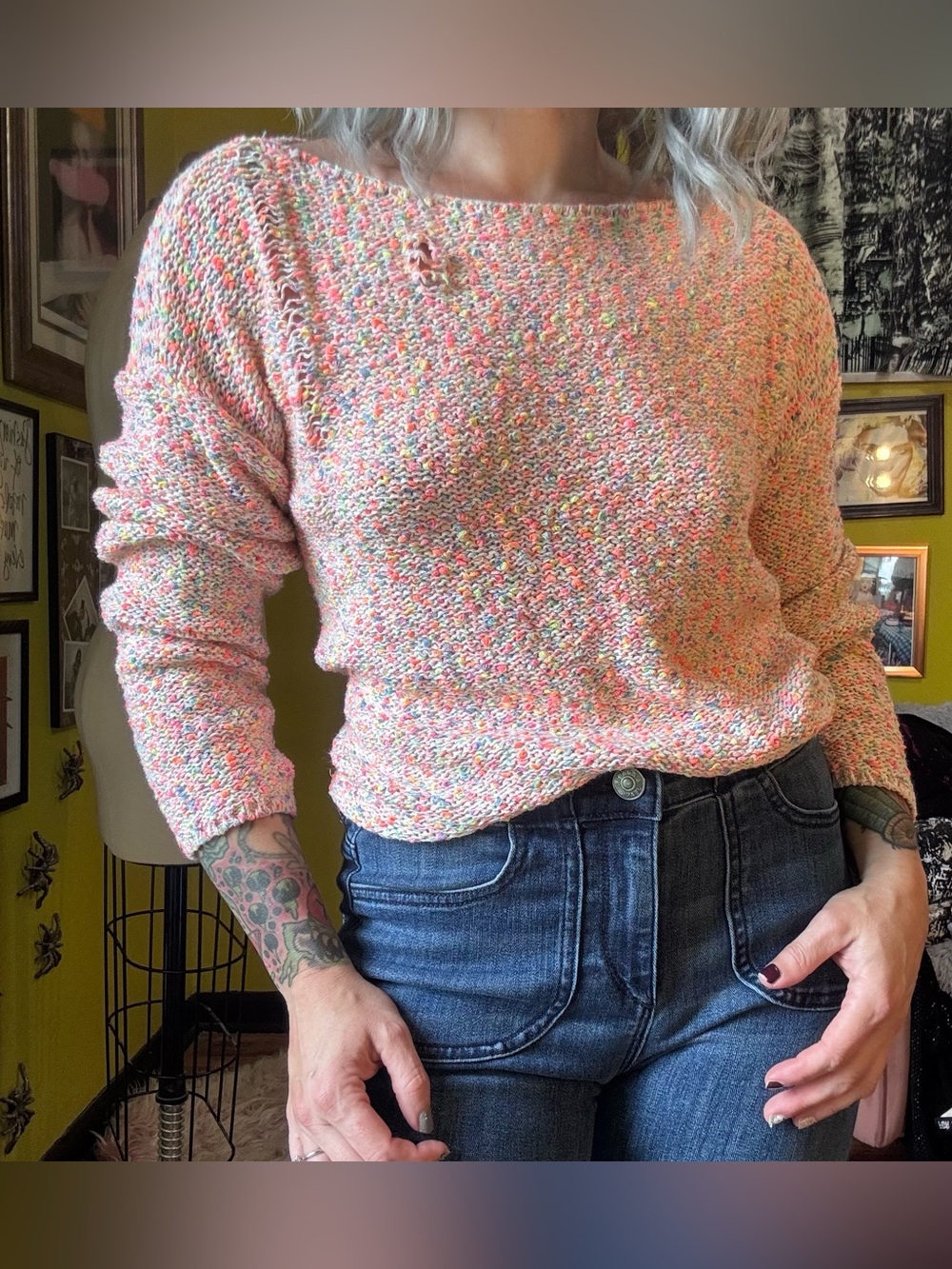 Lou & Grey Neon Pink Popcorn Boucle Tattered Slouchy Oversized Sweater X Small